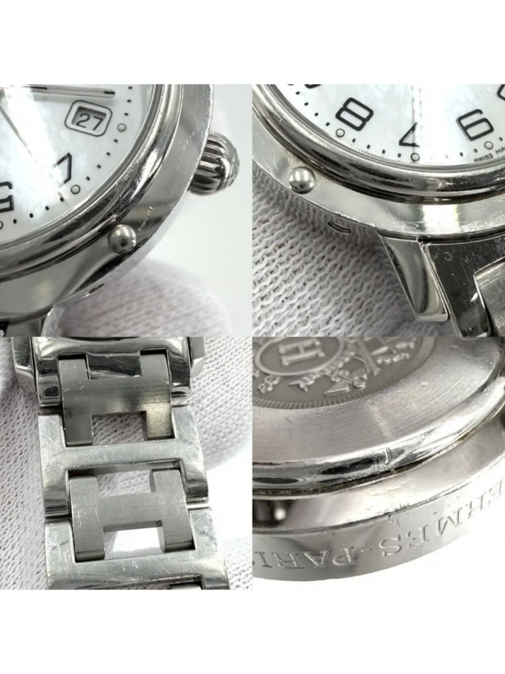 Hermes Watch Clipper Arabia Date SS White Dial Quartz Stainless Steel Shell